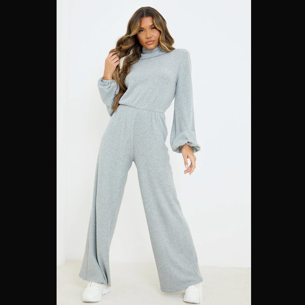 GREY MARL BRUSHED RIB ROLL NECK BALLOON SLEEVE JUMPSUIT
